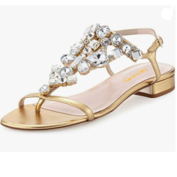 XYD Gold T-Strap Sandals Open Toe Rhinestone Slingback Low Heel Ankle Strap Shoe - Picture 1 of 8
